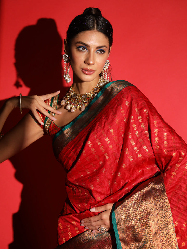 Red Banarasi Silk Saree with Copper Weaving & Contrast Border