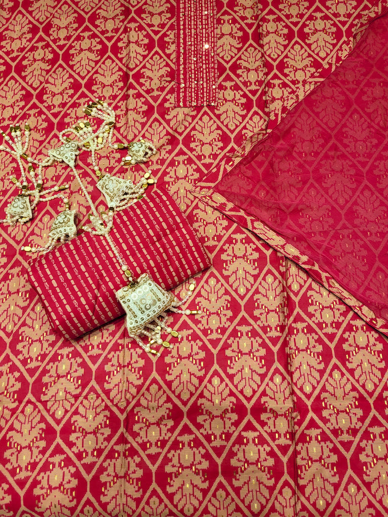 Ikat Animal Print Dress Material with Sequin Embelished Neckline & Flowy Chiffon Dupatta