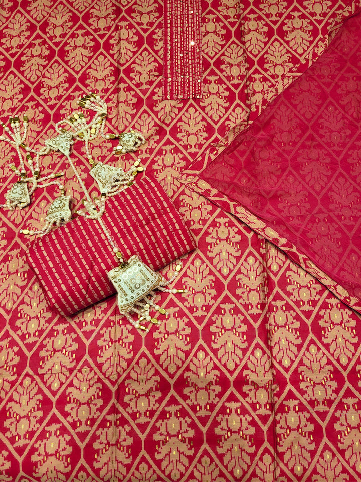 Ikat Animal Print Dress Material with Sequin Embelished Neckline & Flowy Chiffon Dupatta