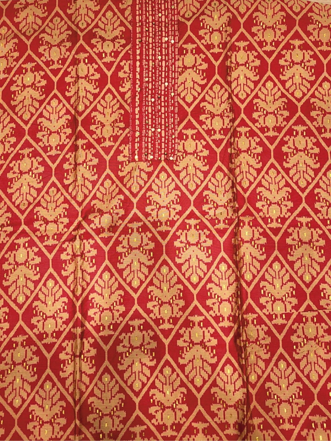 Ikat Animal Print Dress Material with Sequin Embelished Neckline & Flowy Chiffon Dupatta