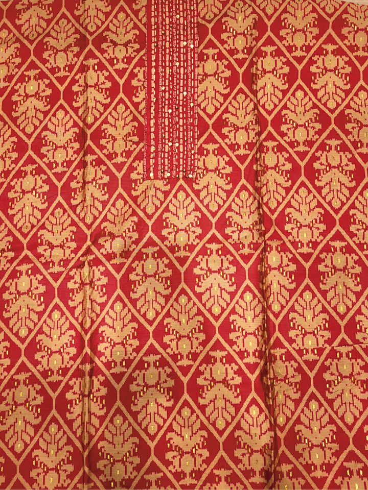 Ikat Animal Print Dress Material with Sequin Embelished Neckline & Flowy Chiffon Dupatta