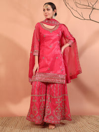 Chhabra 555 Rose Pink Sequin,Cut-Dana & Aari Embroidery Kurta Palazzo Set & Ambi Ethnic Motifs