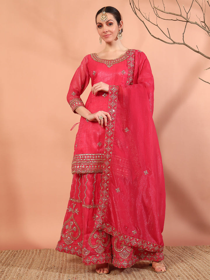 Rose Pink Sequin,Cut-Dana & Aari Embroidery Kurta Palazzo Set & Ambi Ethnic Motifs