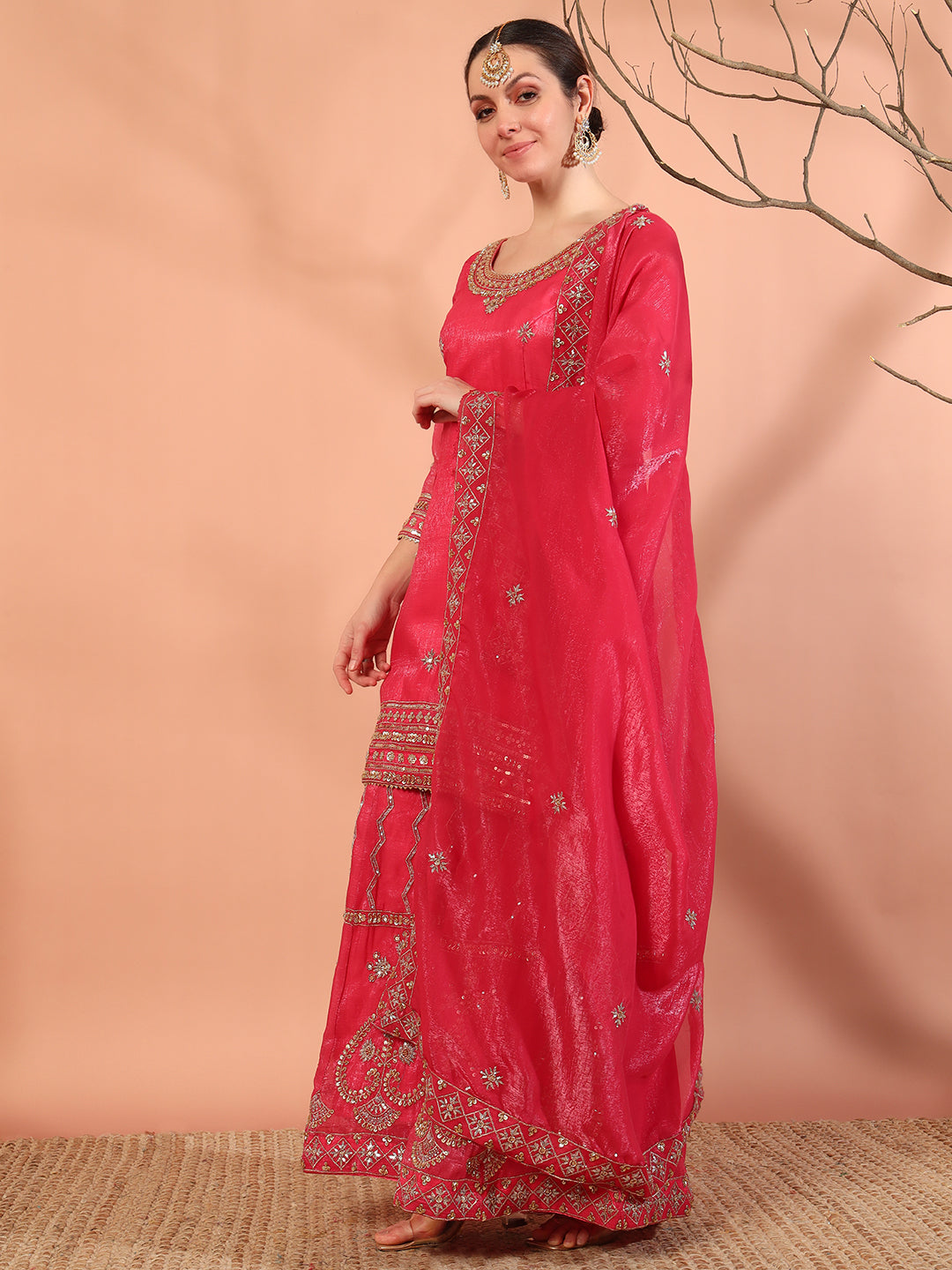 Rose Pink Sequin,Cut-Dana & Aari Embroidery Kurta Palazzo Set & Ambi Ethnic Motifs