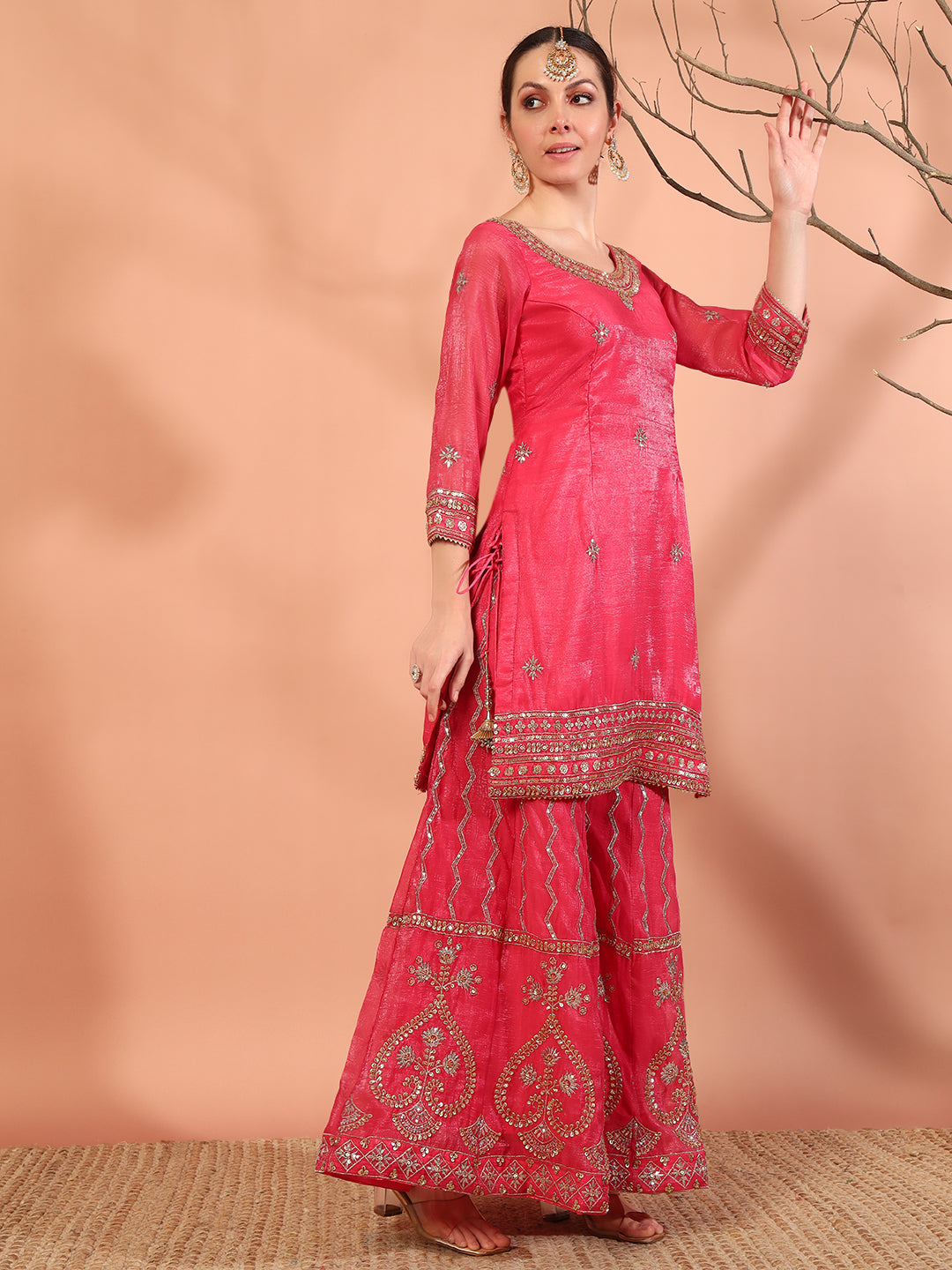 Rose Pink Sequin,Cut-Dana & Aari Embroidery Kurta Palazzo Set & Ambi Ethnic Motifs