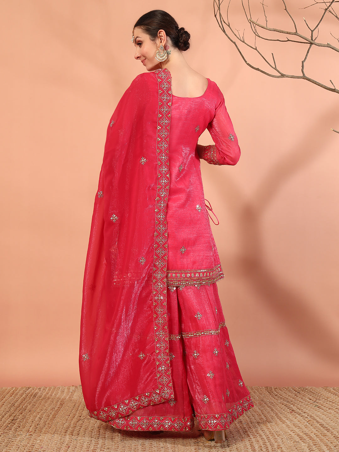 Rose Pink Sequin,Cut-Dana & Aari Embroidery Kurta Palazzo Set & Ambi Ethnic Motifs