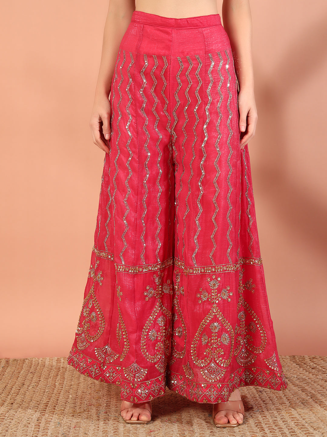 Rose Pink Sequin,Cut-Dana & Aari Embroidery Kurta Palazzo Set & Ambi Ethnic Motifs