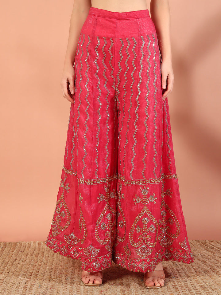 Rose Pink Sequin,Cut-Dana & Aari Embroidery Kurta Palazzo Set & Ambi Ethnic Motifs