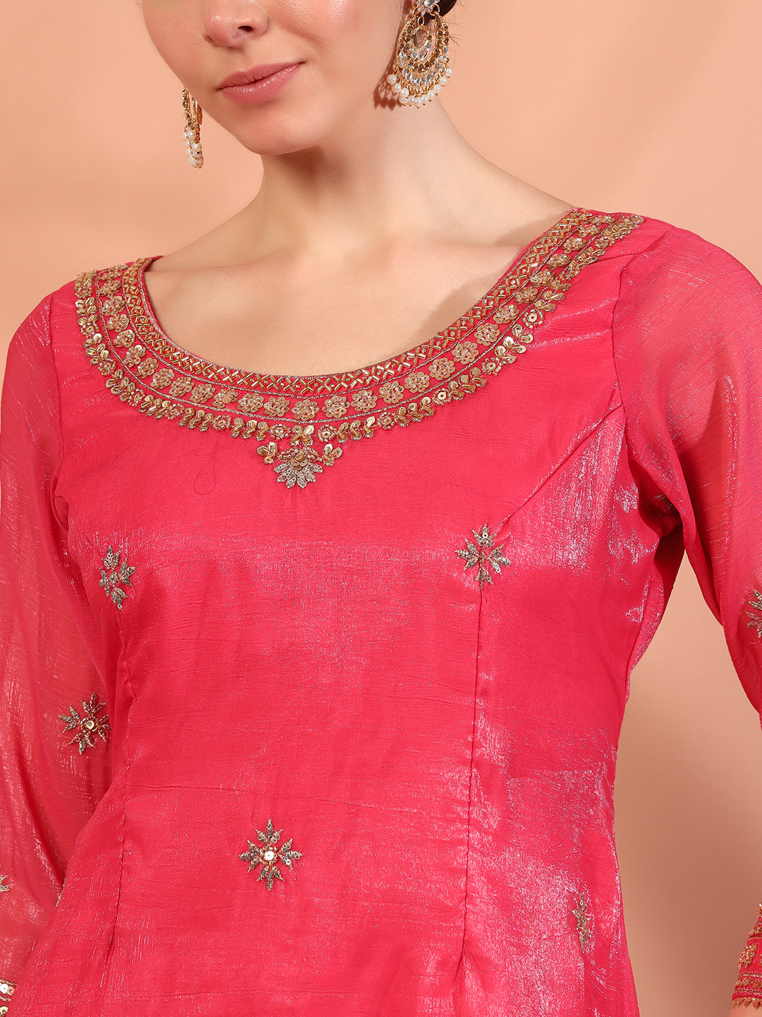 Rose Pink Sequin,Cut-Dana & Aari Embroidery Kurta Palazzo Set & Ambi Ethnic Motifs
