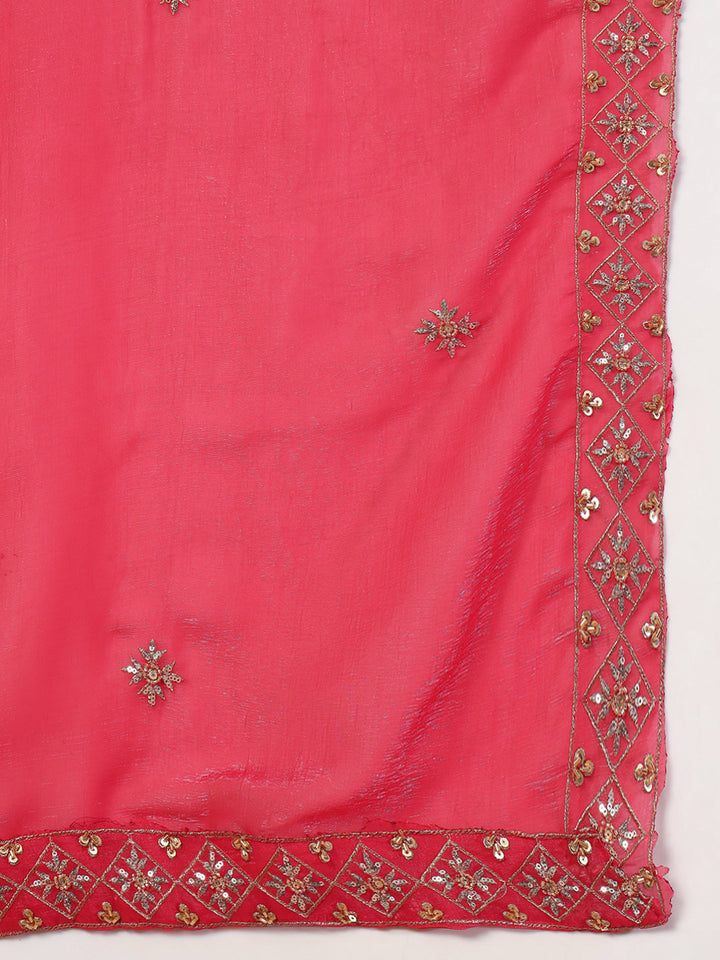 Rose Pink Sequin,Cut-Dana & Aari Embroidery Kurta Palazzo Set & Ambi Ethnic Motifs