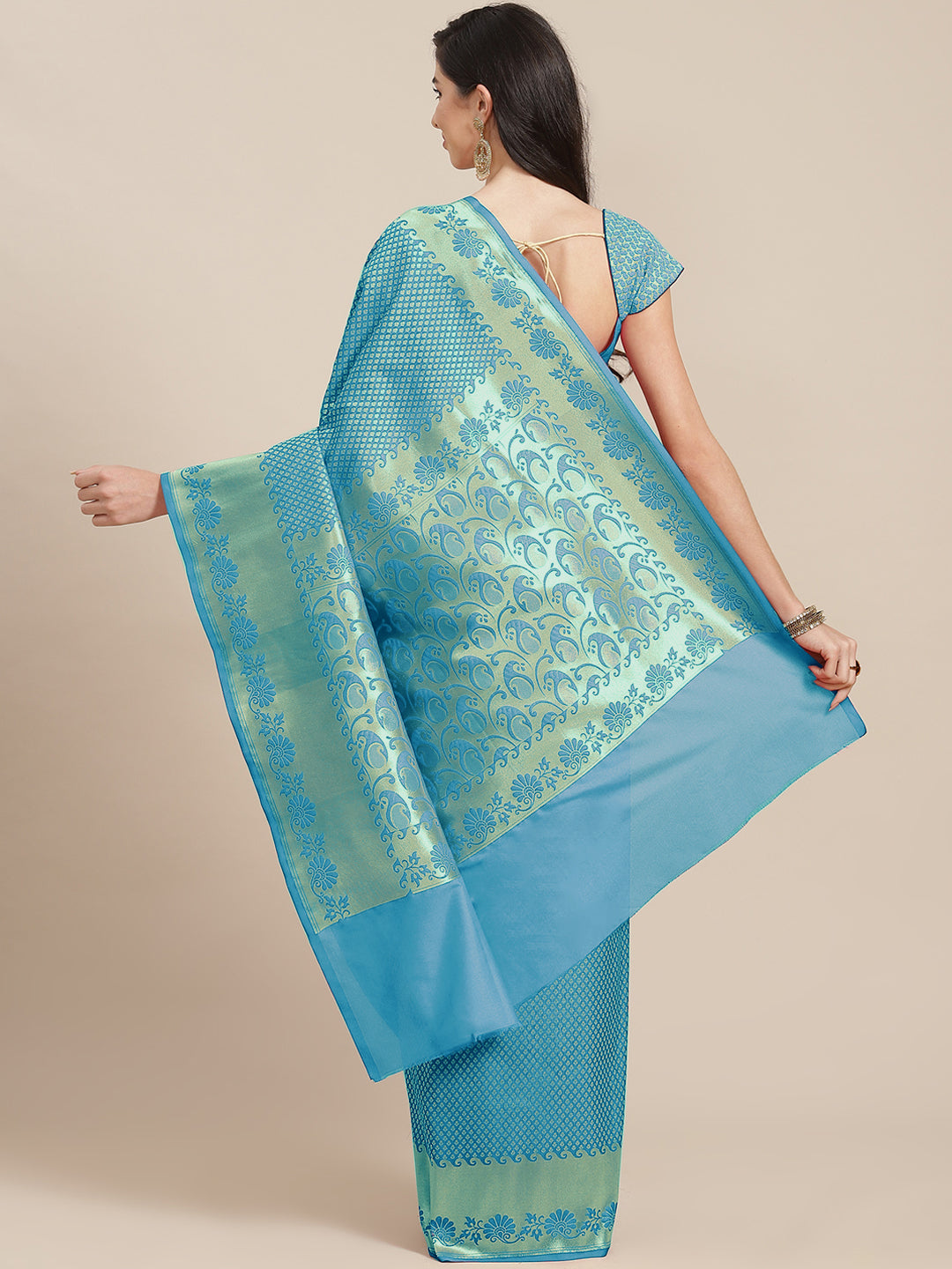 Turquoise H&loom Banarasi Wedding Silk Saree With Gold Zari Weaving
