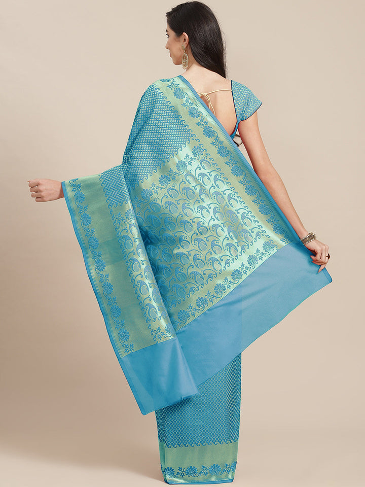Turquoise H&loom Banarasi Wedding Silk Saree With Gold Zari Weaving