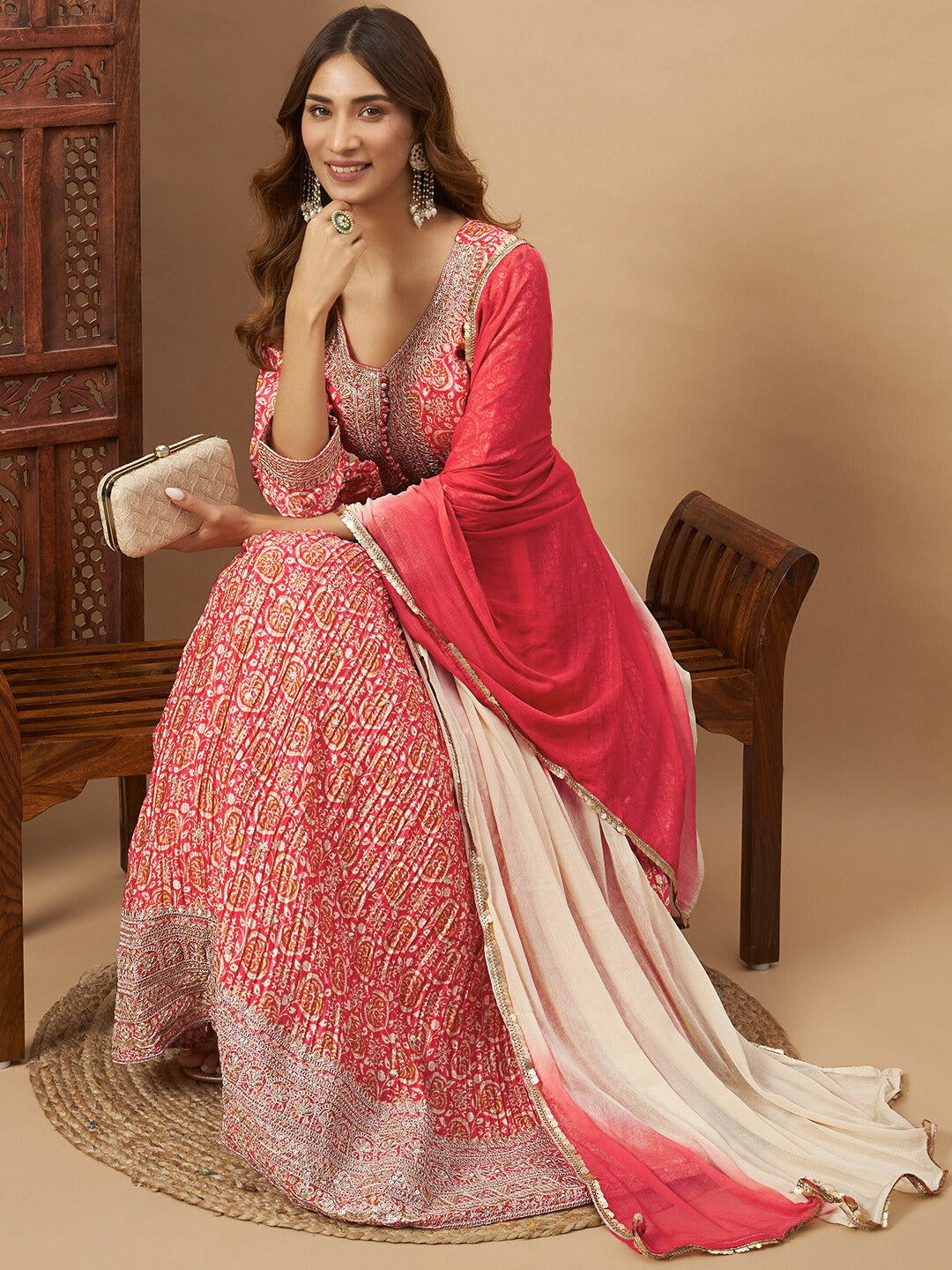 Chhabra 555 Crepe Silk Alia-Style Digital Print Pleated Gown with Zari Embroidery & Ombre Dupatta