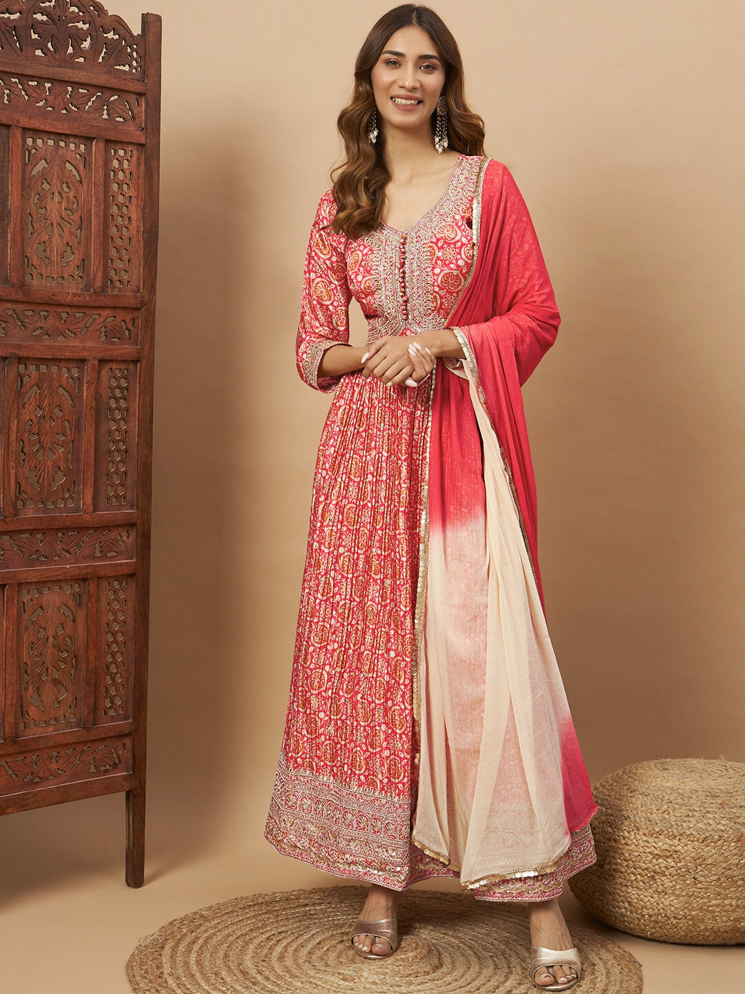 Chhabra 555 Crepe Silk Alia-Style Digital Print Pleated Gown with Zari Embroidery & Ombre Dupatta
