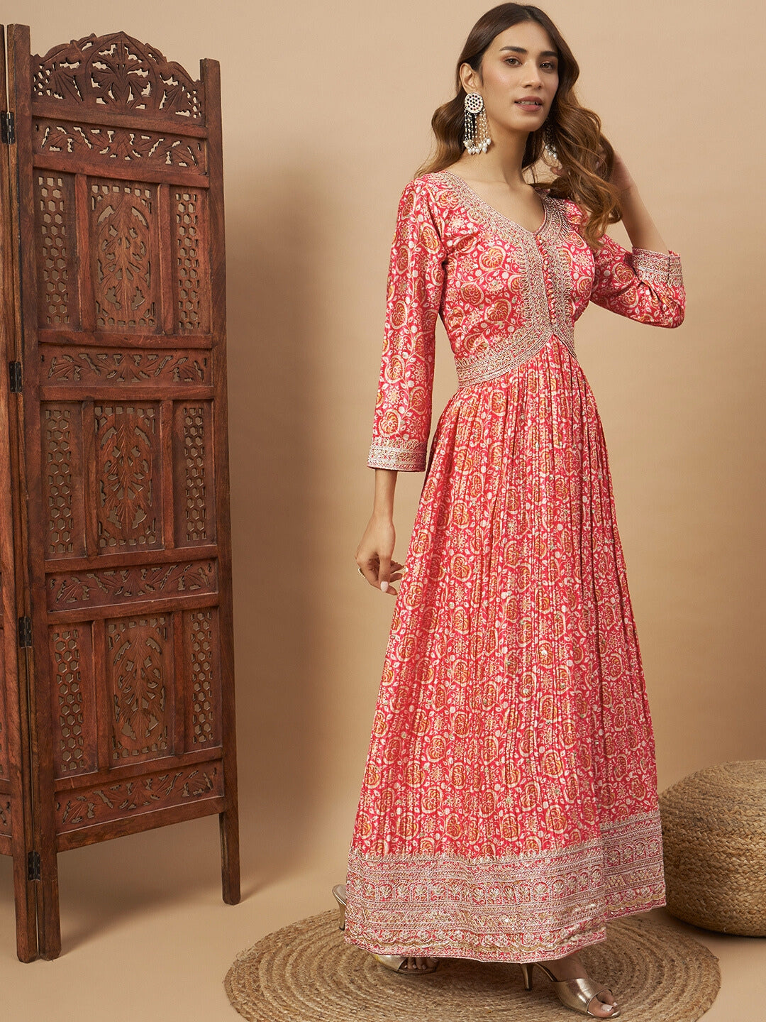 Chhabra 555 Crepe Silk Alia-Style Digital Print Pleated Gown with Zari Embroidery & Ombre Dupatta