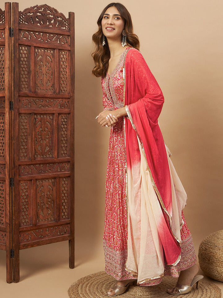 Chhabra 555 Crepe Silk Alia-Style Digital Print Pleated Gown with Zari Embroidery & Ombre Dupatta