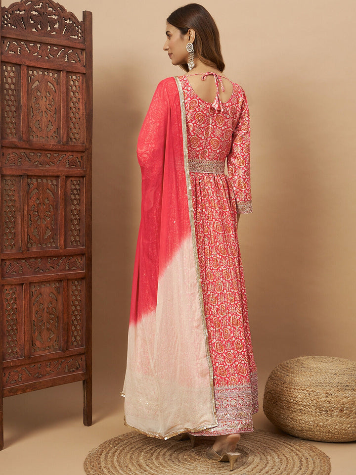 Chhabra 555 Crepe Silk Alia-Style Digital Print Pleated Gown with Zari Embroidery & Ombre Dupatta