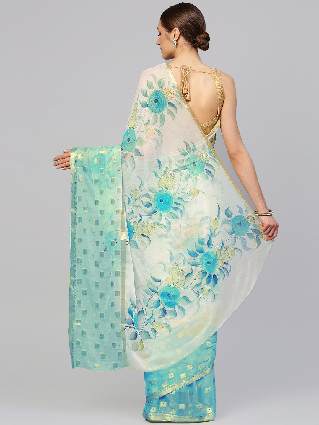 Ombre Chiffon Saree with Floral Print and Crystal Embellishment