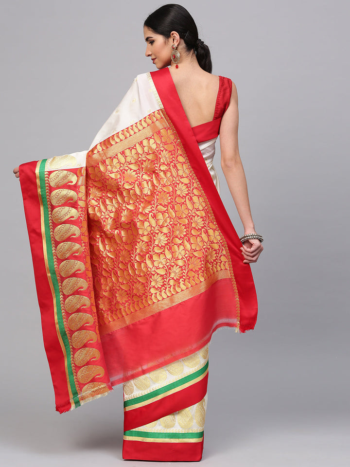 Bengali Style Zari Woven Chanderi Saree with Multicolor Borders