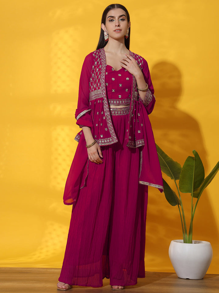 Kurta with Peplum Style Jacket, Crop Top & Pleated Palazzo