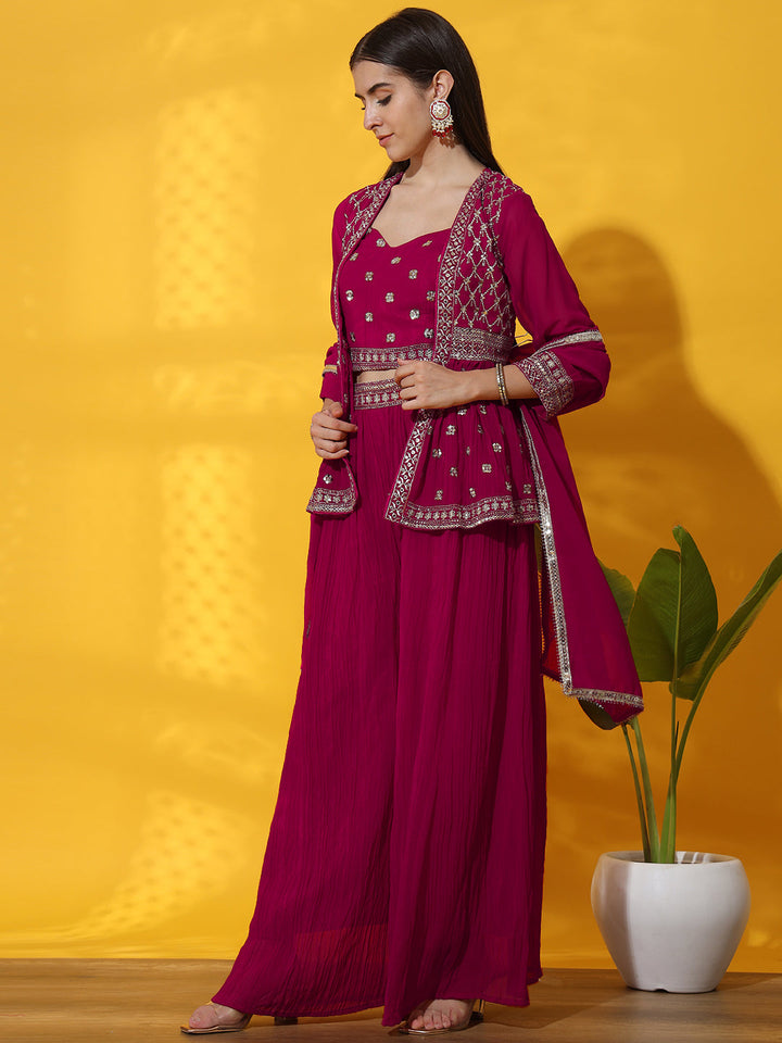 Kurta with Peplum Style Jacket, Crop Top & Pleated Palazzo
