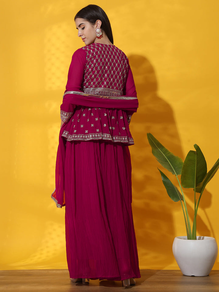 Kurta with Peplum Style Jacket, Crop Top & Pleated Palazzo