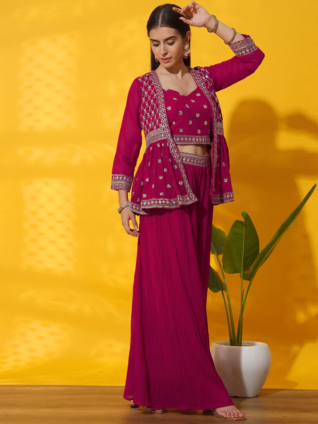 Kurta with Peplum Style Jacket, Crop Top & Pleated Palazzo