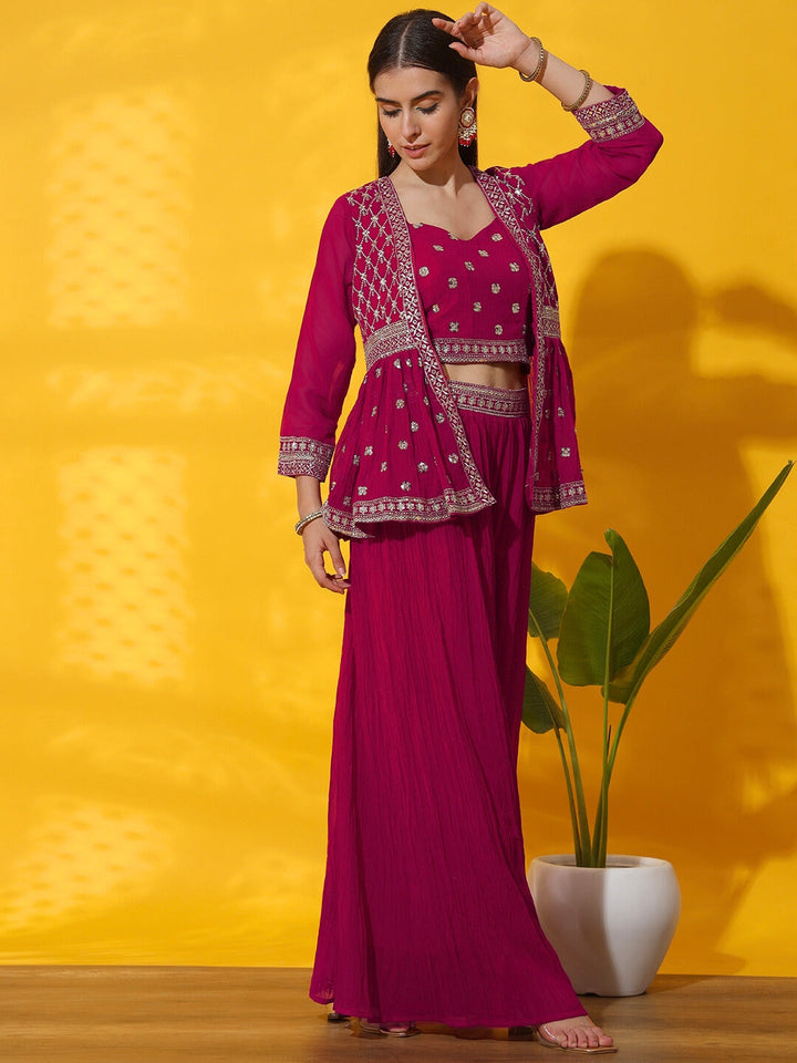 Kurta with Peplum Style Jacket, Crop Top & Pleated Palazzo