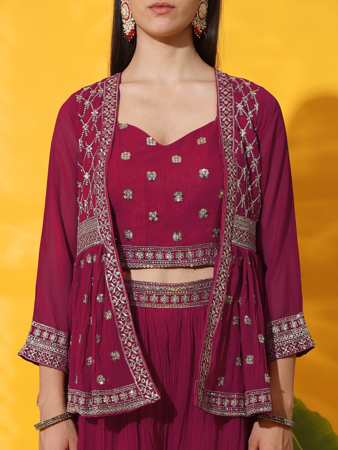 Kurta with Peplum Style Jacket, Crop Top & Pleated Palazzo