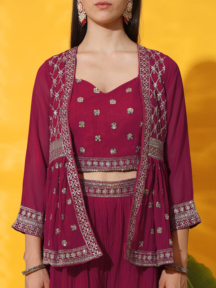Kurta with Peplum Style Jacket, Crop Top & Pleated Palazzo
