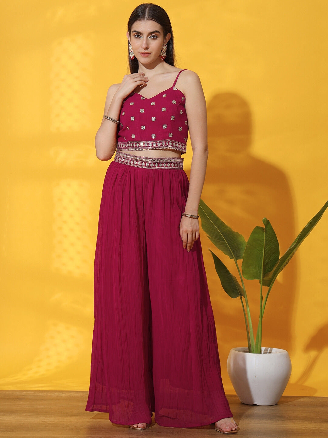 Kurta with Peplum Style Jacket, Crop Top & Pleated Palazzo