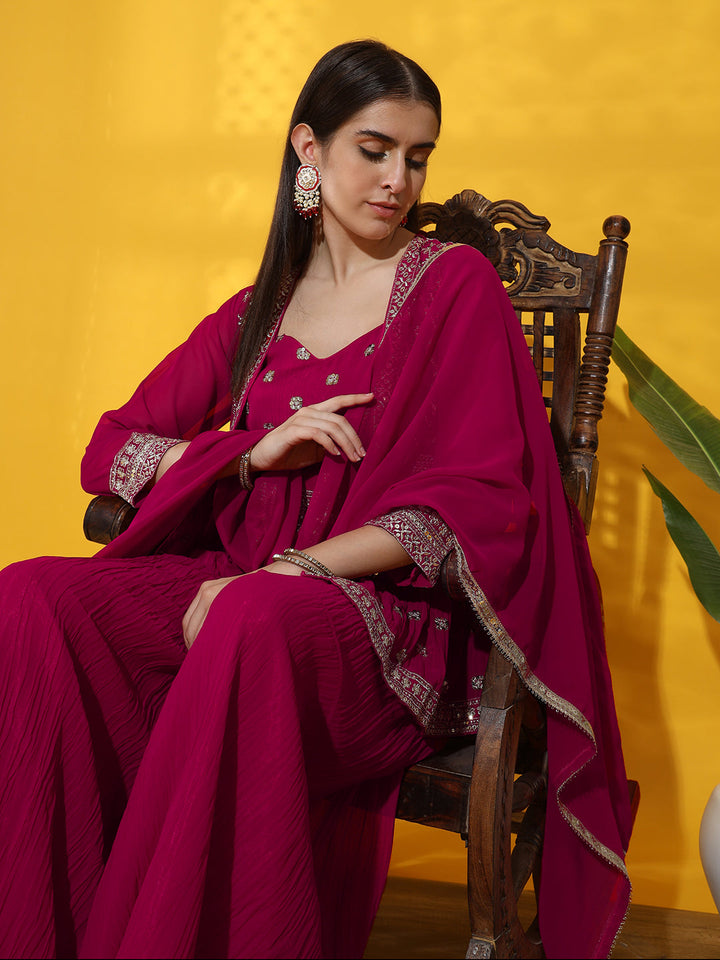 Kurta with Peplum Style Jacket, Crop Top & Pleated Palazzo