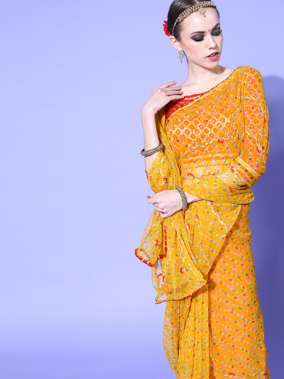 Jaipuri Traditional Leheriya Print Embroidered Georgette Saree