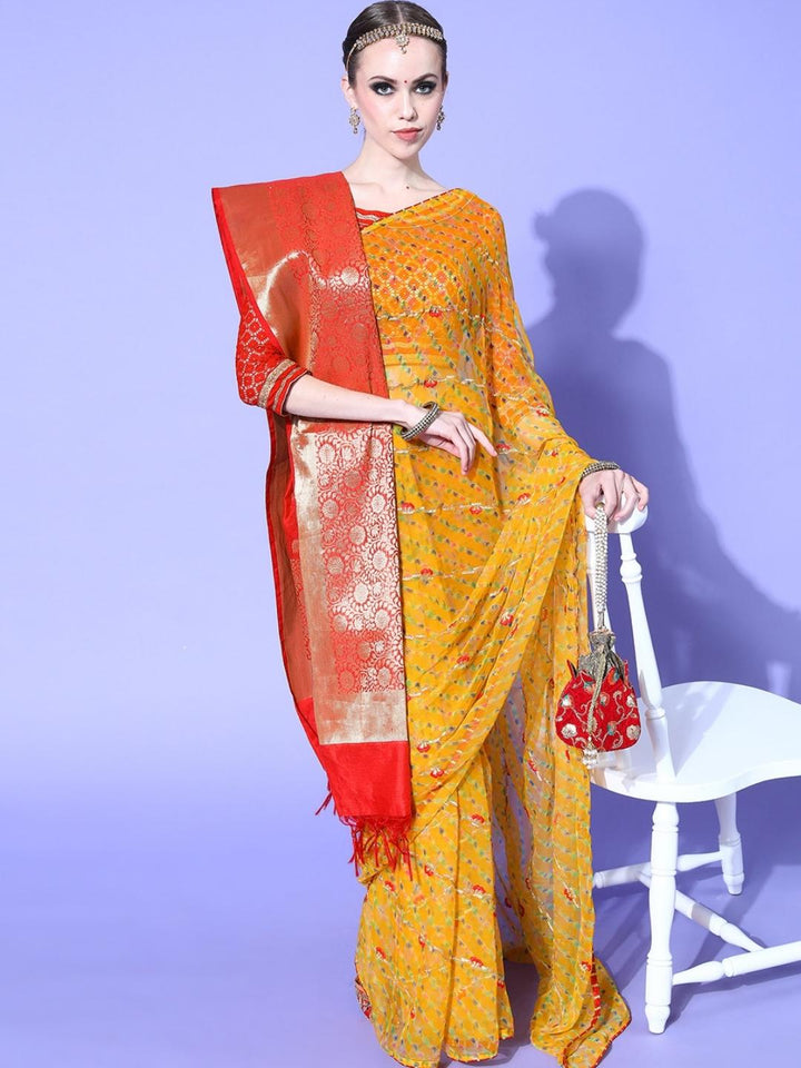 Jaipuri Traditional Leheriya Print Embroidered Georgette Saree