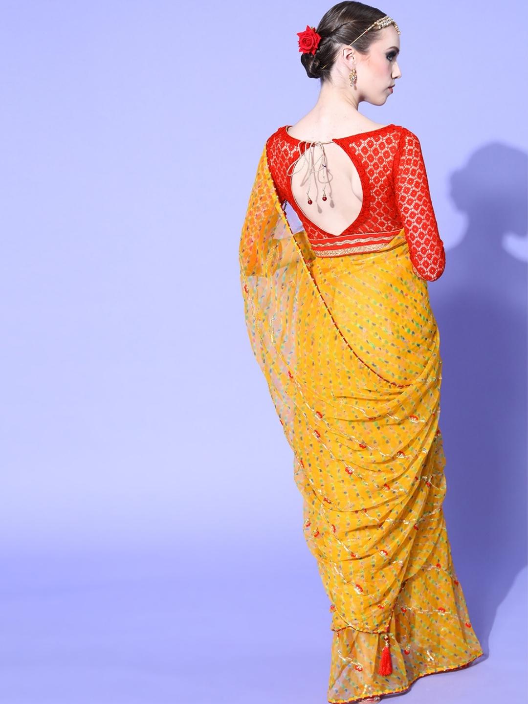 Jaipuri Traditional Leheriya Print Embroidered Georgette Saree