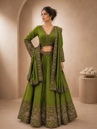 Mehendi Green Crepe Lehenga Choli with Antique Zari Elephant Motif Border & Sequin Work