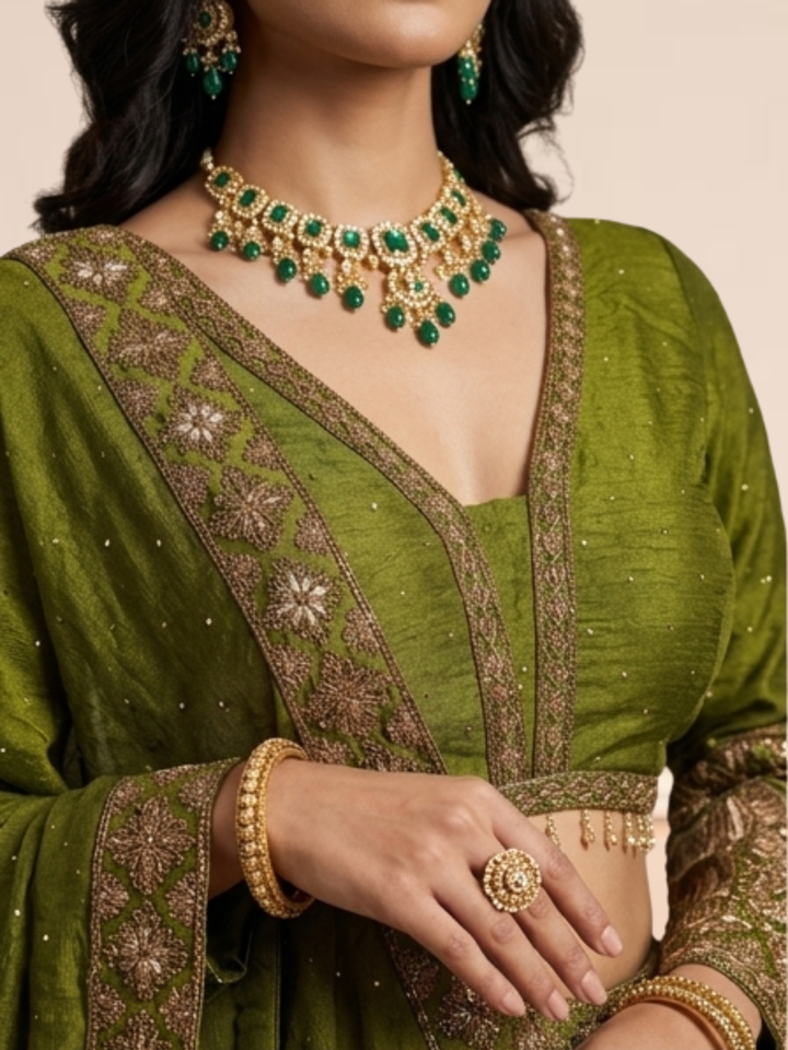Mehendi Green Crepe Lehenga Choli with Antique Zari Elephant Motif Border & Sequin Work