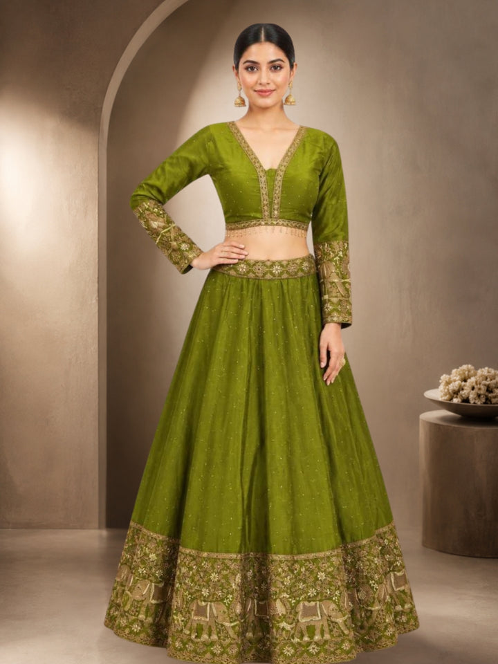 Mehendi Green Crepe Lehenga Choli with Antique Zari Elephant Motif Border & Sequin Work