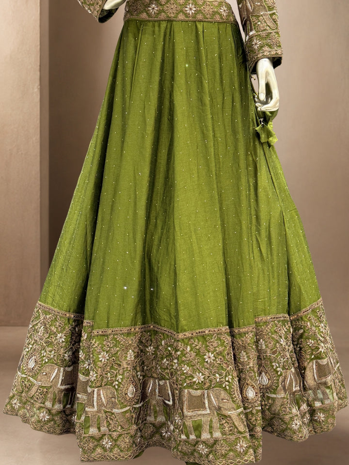 Mehendi Green Crepe Lehenga Choli with Antique Zari Elephant Motif Border & Sequin Work