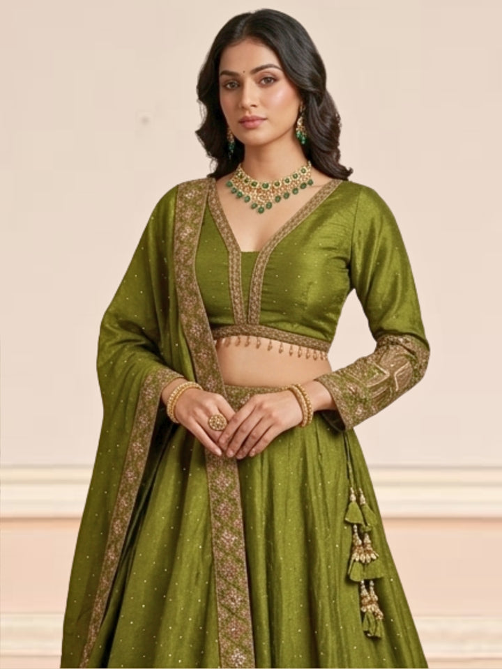 Mehendi Green Crepe Lehenga Choli with Antique Zari Elephant Motif Border & Sequin Work