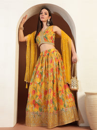 Chhabra Gota Patti Embroidered Lehenga Set with Floral Digital Print * Tasseled Sequinned Dupatta