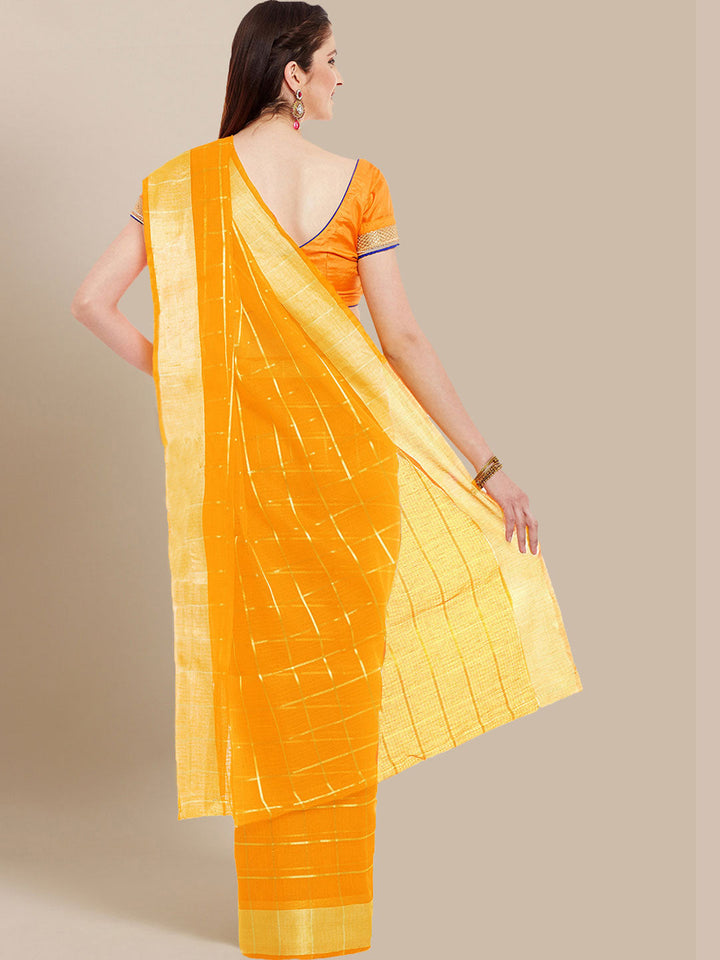 Yellow Chanderi Silk Kota saree with intricate Zari weaving in a striped pattern Saree