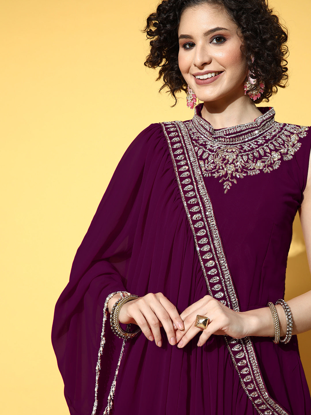 Zircon Embroidered Flared Cocktail Gown with Pre Draped Dupatta