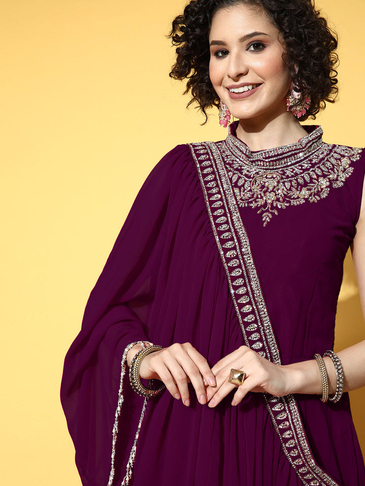 Zircon Embroidered Flared Cocktail Gown with Pre Draped Dupatta
