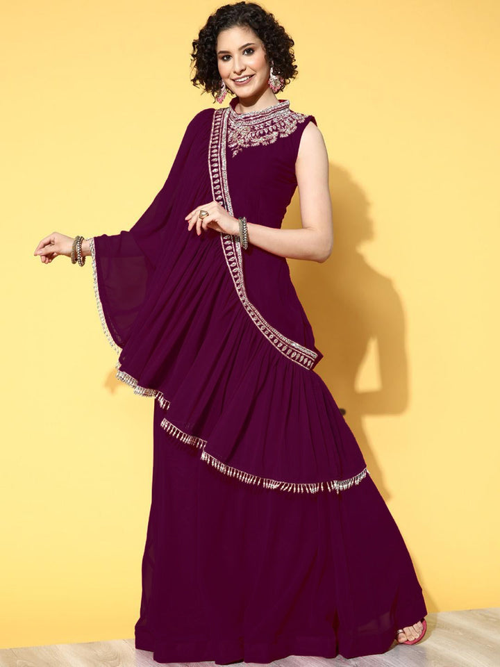 Zircon Embroidered Flared Cocktail Gown with Pre Draped Dupatta