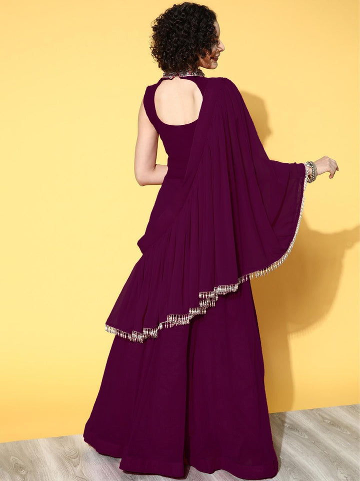 Zircon Embroidered Flared Cocktail Gown with Pre Draped Dupatta
