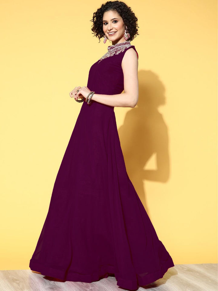 Zircon Embroidered Flared Cocktail Gown with Pre Draped Dupatta