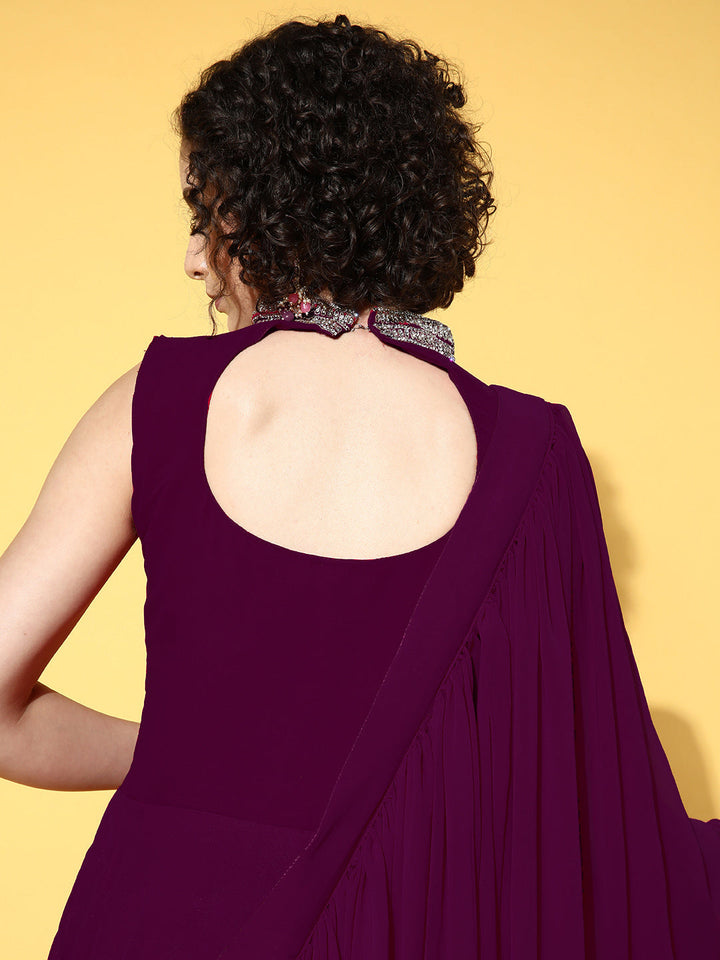 Zircon Embroidered Flared Cocktail Gown with Pre Draped Dupatta