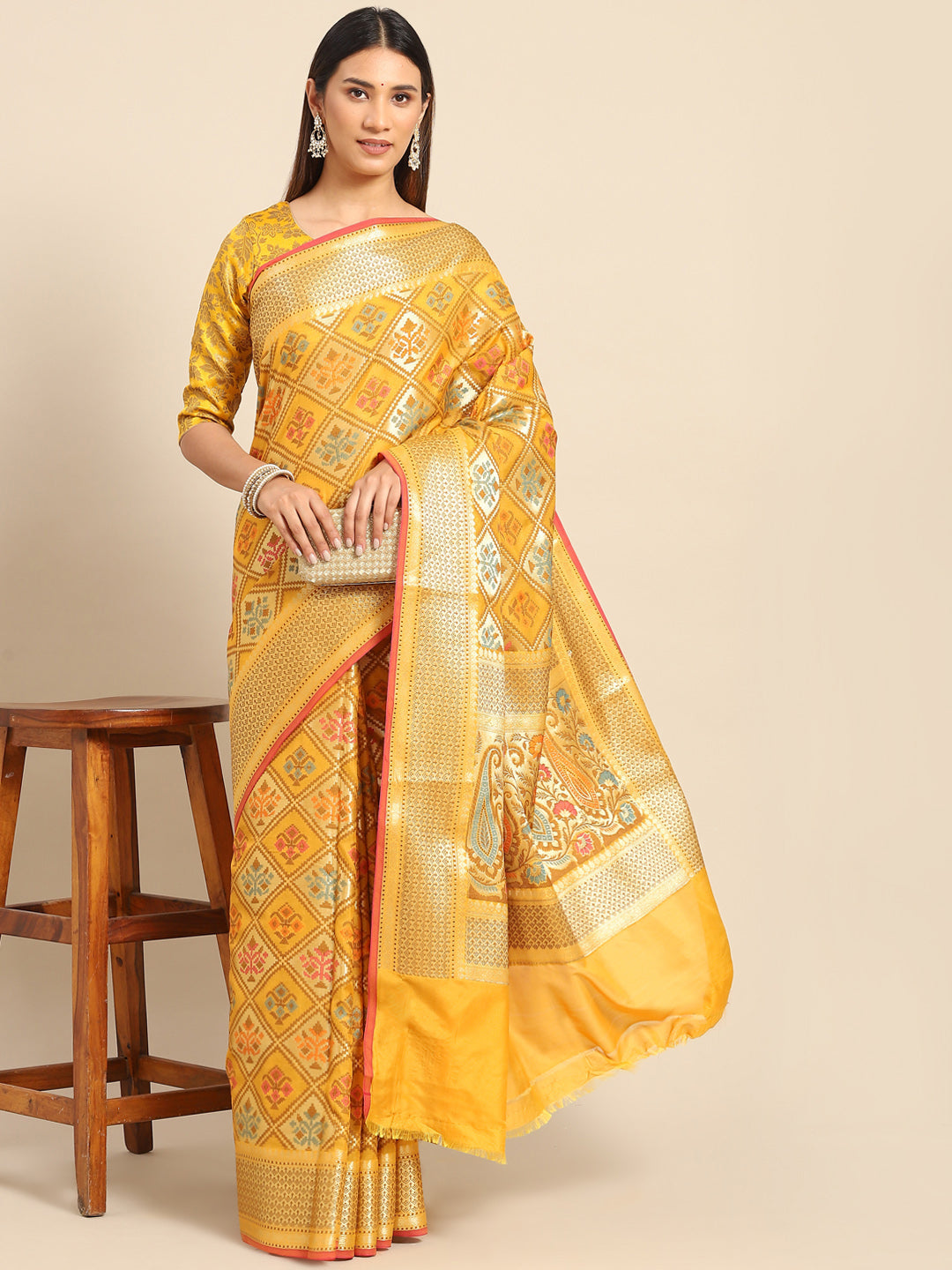 Yellow Banarasi Geometric Resham & Zari Woven Silk Saree