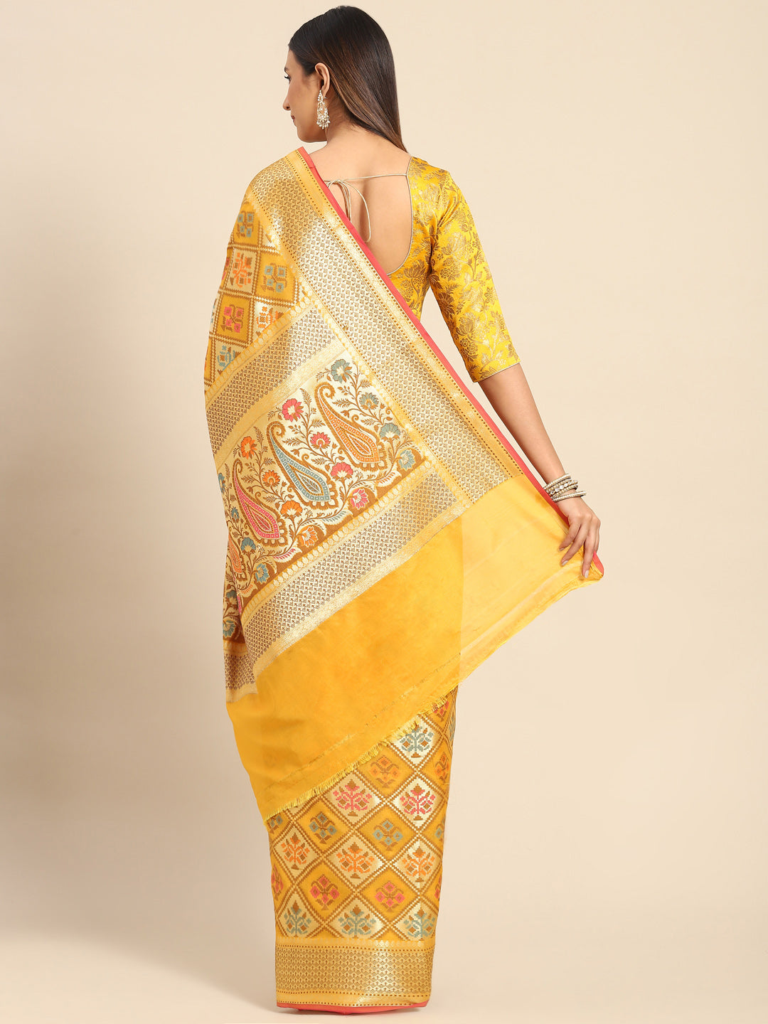 Yellow Banarasi Geometric Resham & Zari Woven Silk Saree